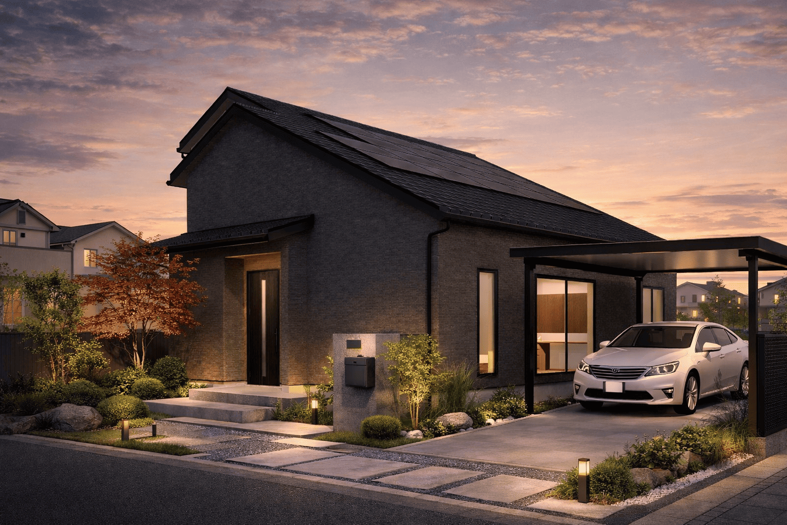 濃いグレーのタイルを採用した外観は、片流れの大屋根が印象的な落ち着きある佇まい。<br/>
シンプルながらも存在感のある、モダンなデザインに仕上げました。